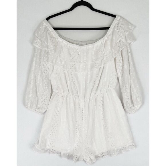 Express Pants - Express Romper Womens Large White Eyelet Ruffle Coquette Cottagecore Soft Girl